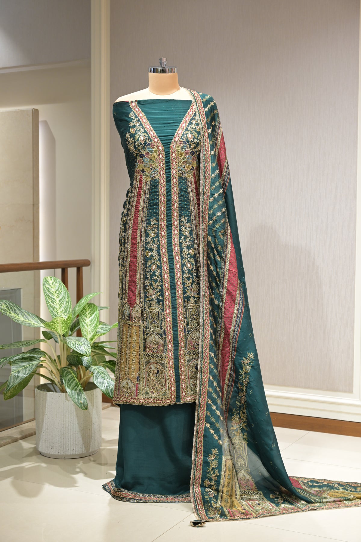 Pakistani Printed Tabby Silk Suit Set with Matching Tabby Silk Dupatta