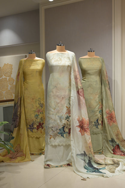 Elegant Printed Organza Suit Set with Silk Bottom &amp; Highlighted Organza Dupatta