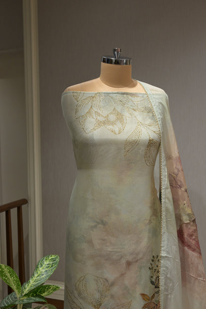 Elegant Printed Organza Suit Set with Silk Bottom &amp; Highlighted Organza Dupatta