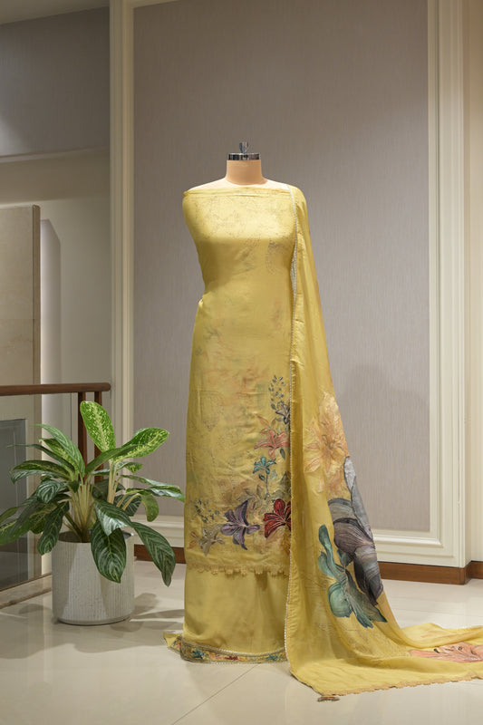 Elegant Printed Organza Suit Set with Silk Bottom &amp; Highlighted Organza Dupatta