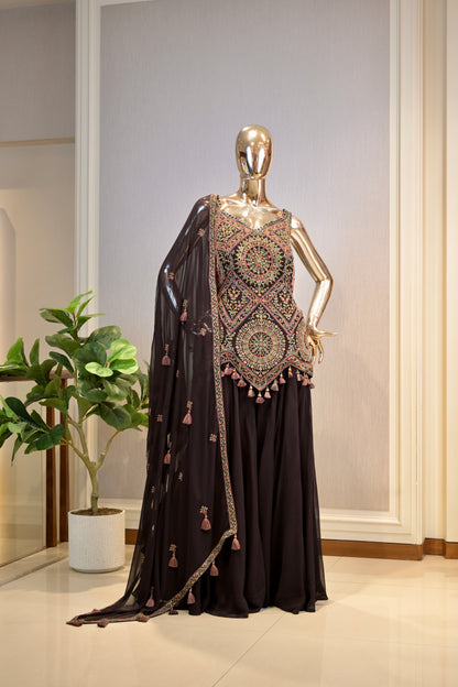 Deep Coffee Brown Georgette Sharara Set
