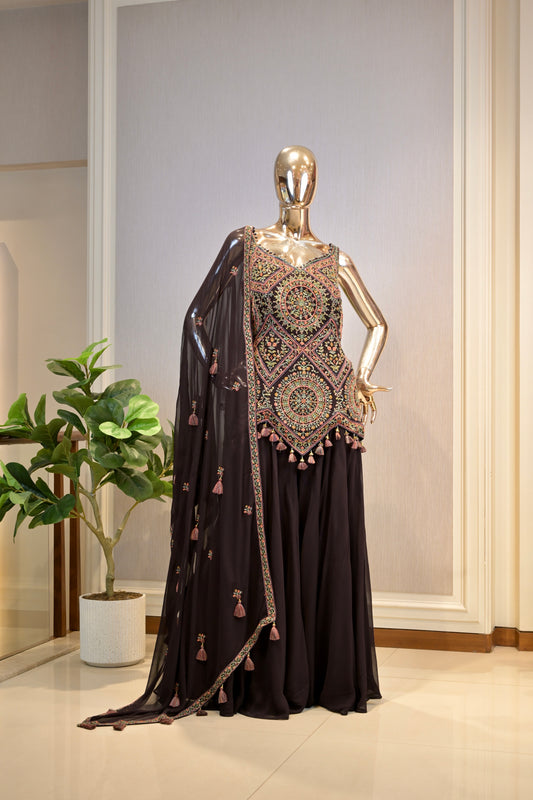 Deep Coffee Brown Georgette Sharara Suit with Embroidered Sequin Work