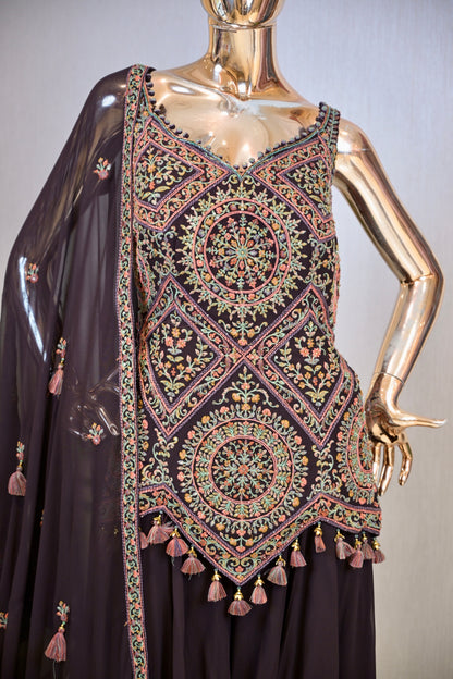Deep Coffee Brown Georgette Sharara Set