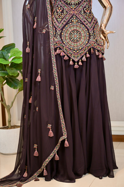 Deep Coffee Brown Georgette Sharara Set