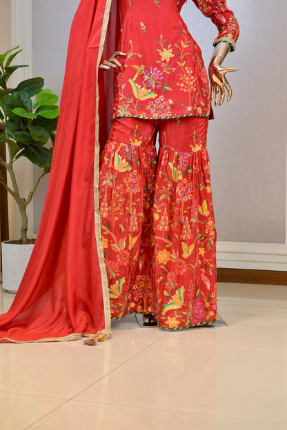Scarlet Red Silk Short Shirt with Floral Thread Embroidery & Flared Sharara