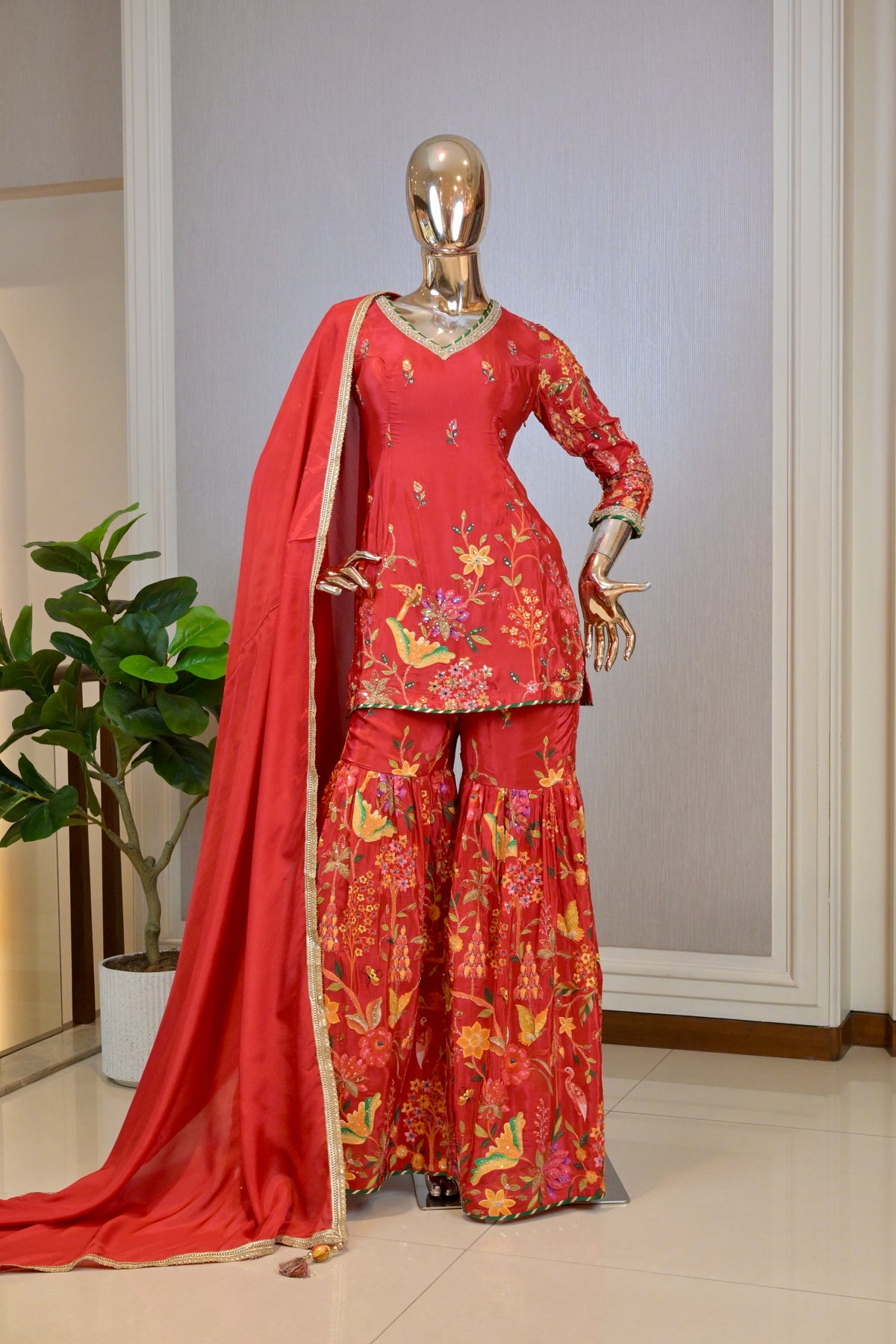 Scarlet Red Silk Short Shirt with Floral Thread Embroidery & Flared Sharara