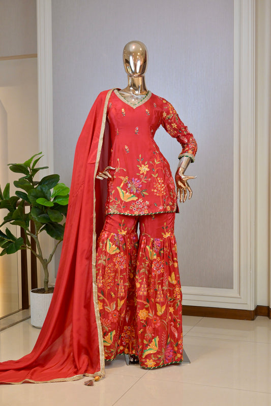 Scarlet Red Silk Short Shirt with Floral Thread Embroidery & Flared Sharara