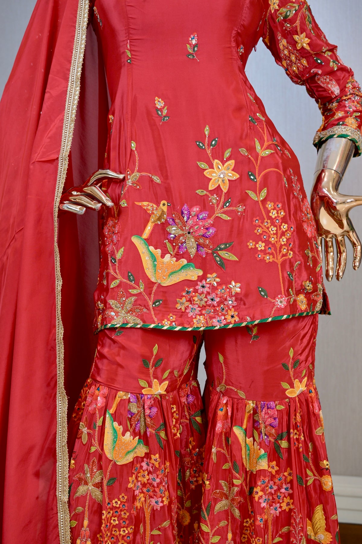 Scarlet Red Silk Short Shirt with Floral Thread Embroidery & Flared Sharara