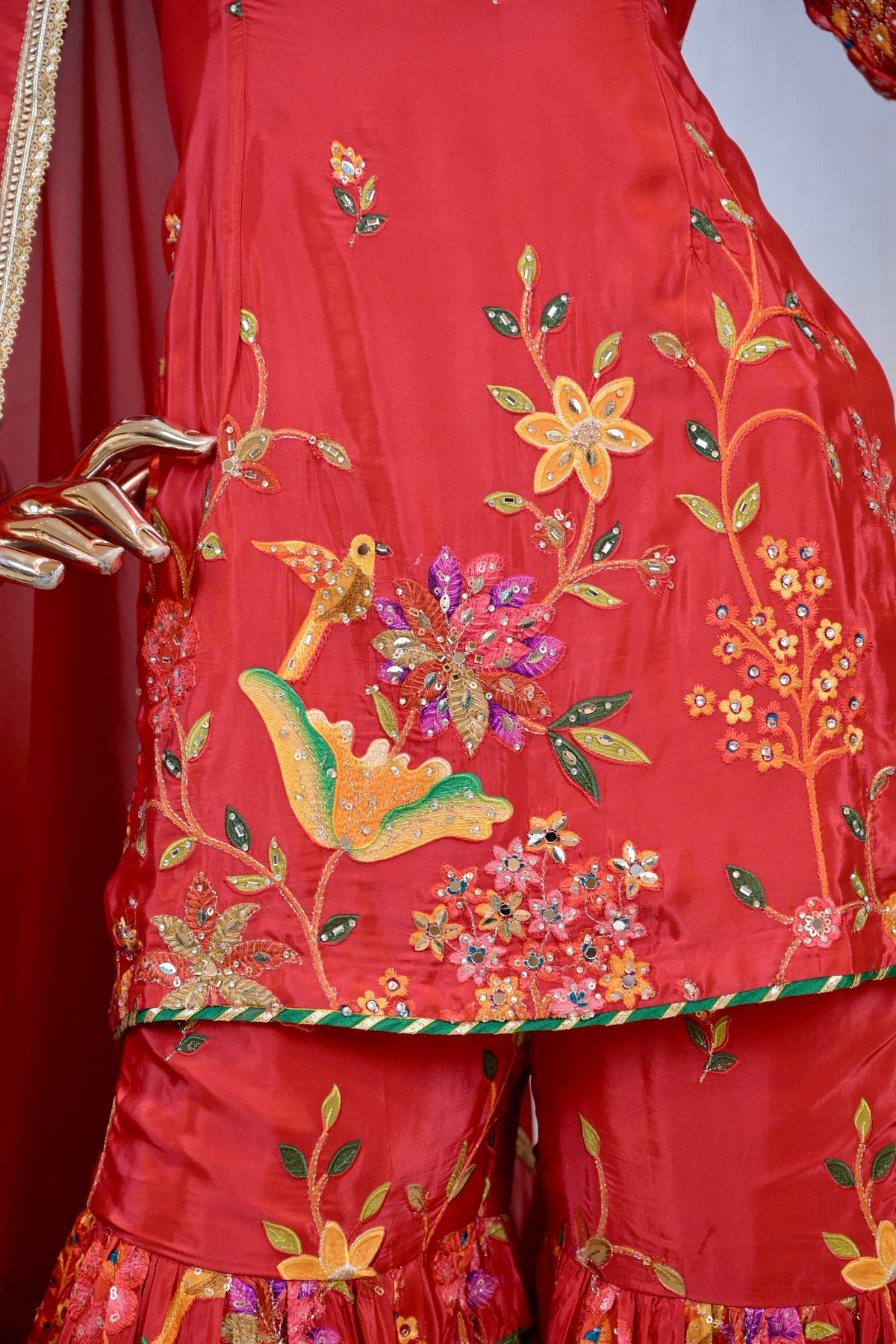 Scarlet Red Silk Short Shirt with Floral Thread Embroidery & Flared Sharara
