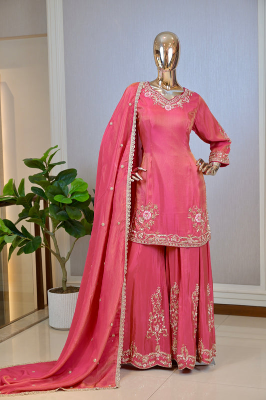 Rani Pink Premium Shimmer Silk Pakistani Style Hand-Embroidered Sharara Set