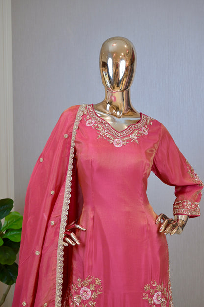Rani Pink Premium Shimmer Silk Pakistani Style Hand-Embroidered Sharara Set