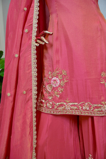Rani Pink Premium Shimmer Silk Pakistani Style Hand-Embroidered Sharara Set