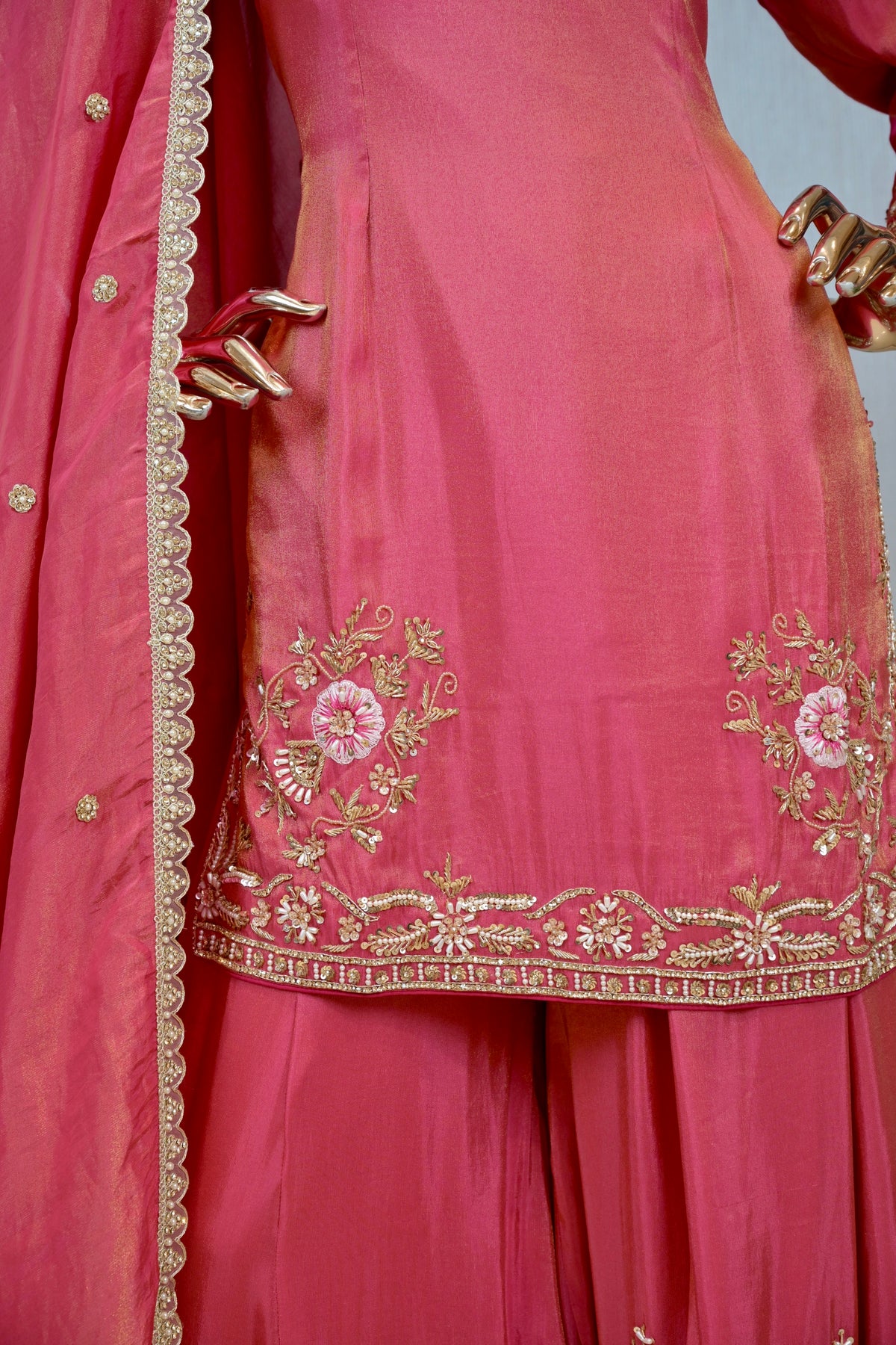 Rani Pink Premium Shimmer Silk Pakistani Style Hand-Embroidered Sharara Set