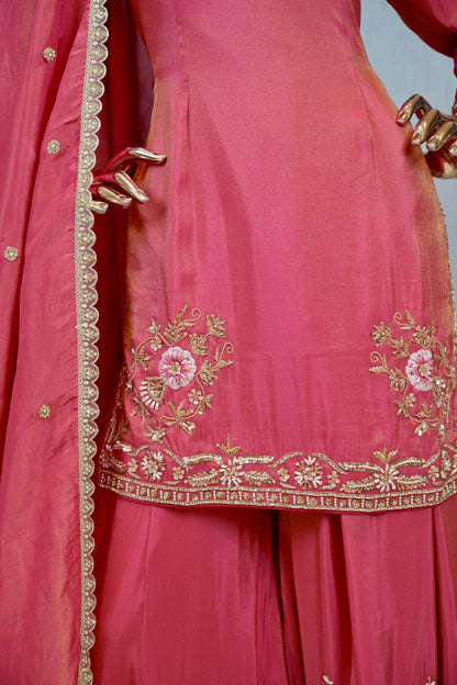 Rani Pink Premium Shimmer Silk Pakistani Style Hand-Embroidered Sharara Set