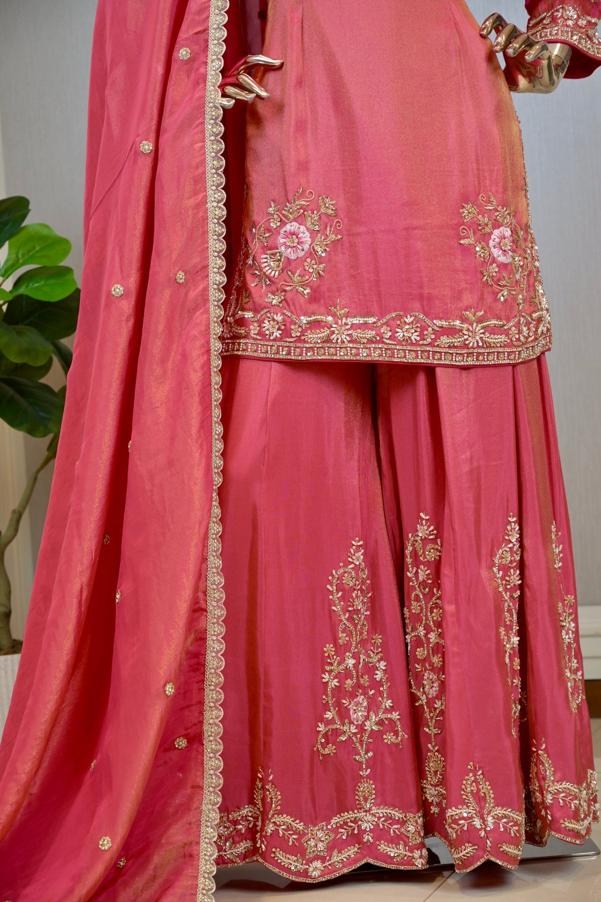 Rani Pink Premium Shimmer Silk Pakistani Style Hand-Embroidered Sharara Set