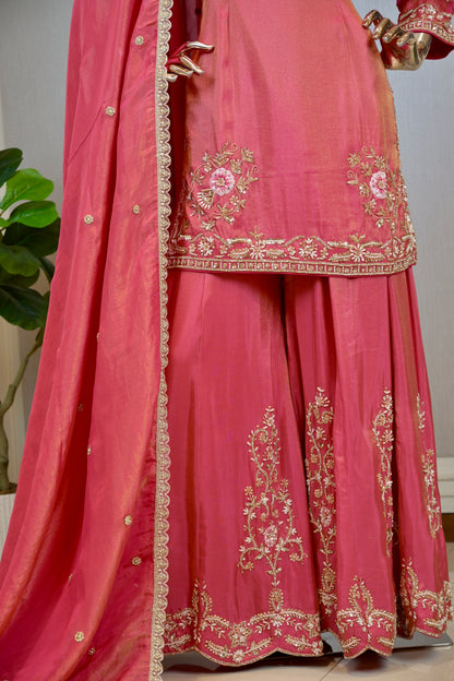 Rani Pink Premium Shimmer Silk Pakistani Style Hand-Embroidered Sharara Set