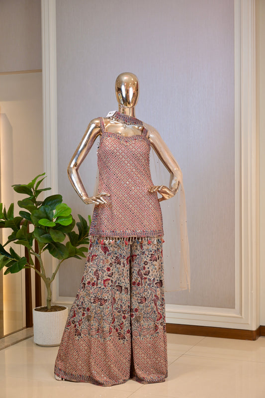 Elegant Dusty Pink Georgette Embroidered Shirt Set with Floral Palazzo