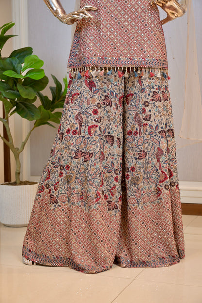 Elegant Dusty Pink Georgette Embroidered Shirt Set with Floral Palazzo