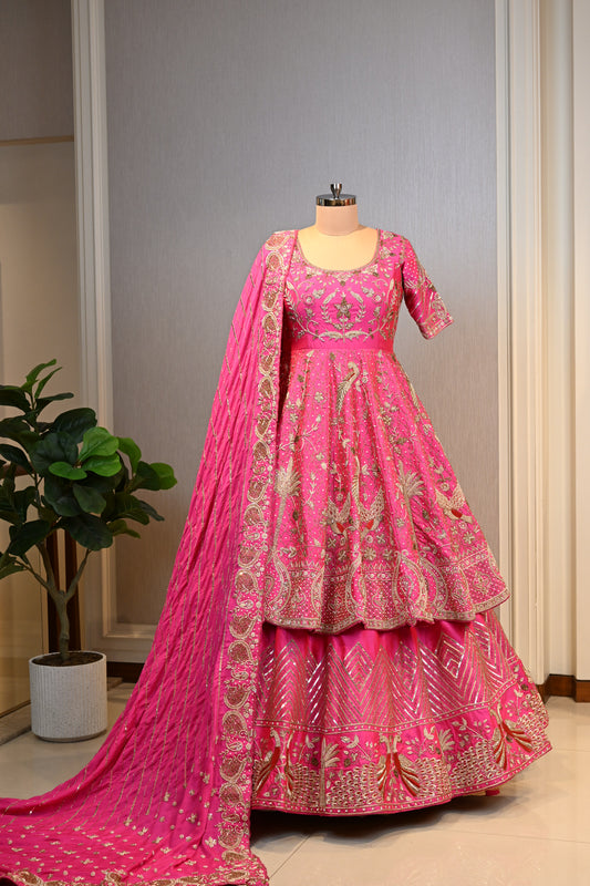 Hot Pink Embroidered Bridal Lehenga Set with Designer Dupatta