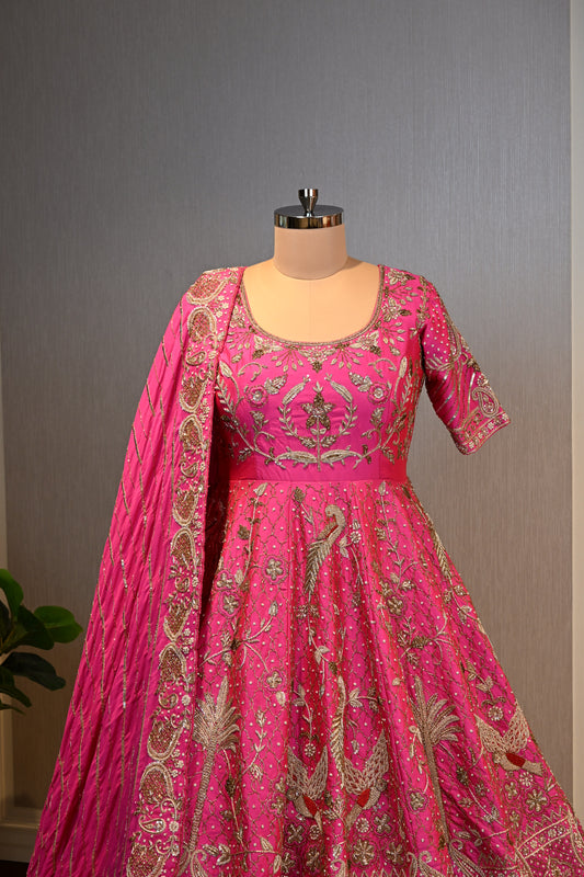 Hot Pink Embroidered Bridal Lehenga Set with Designer Dupatta