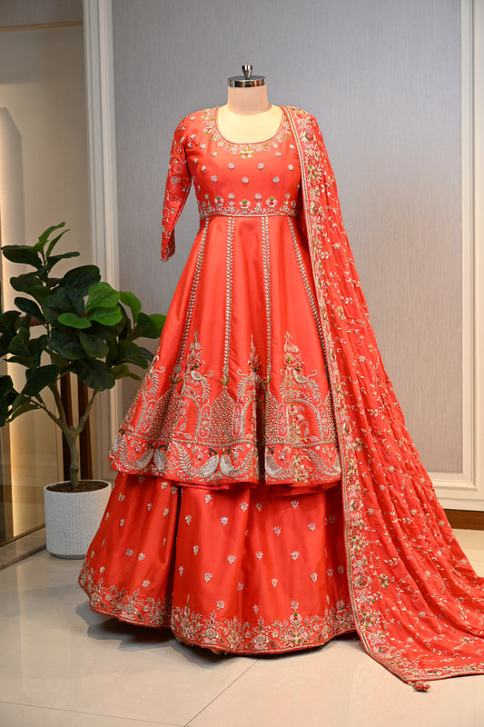 Orange Embroidered Anarkali Lehenga Set with Heavy Jaal Dupatta