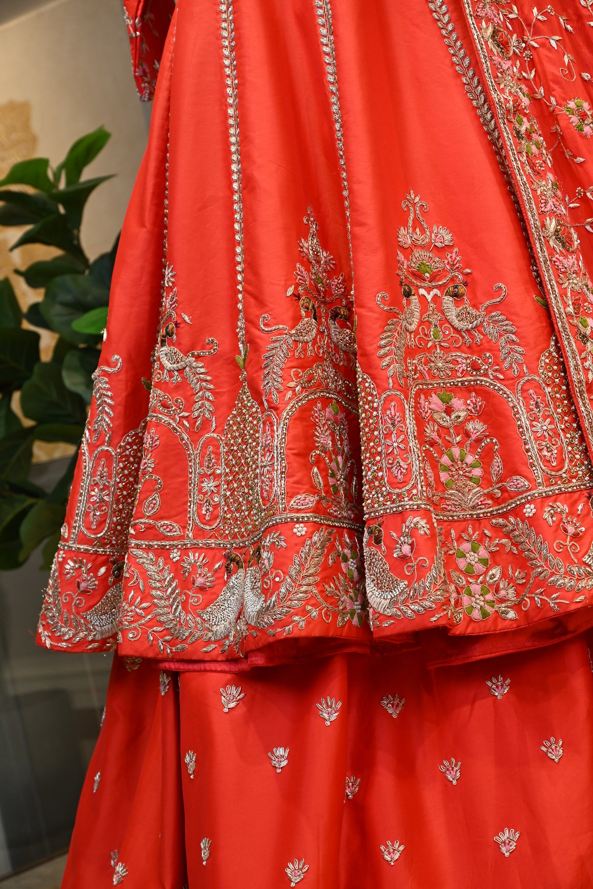 Orange Embroidered Anarkali Lehenga Set with Heavy Jaal Dupatta