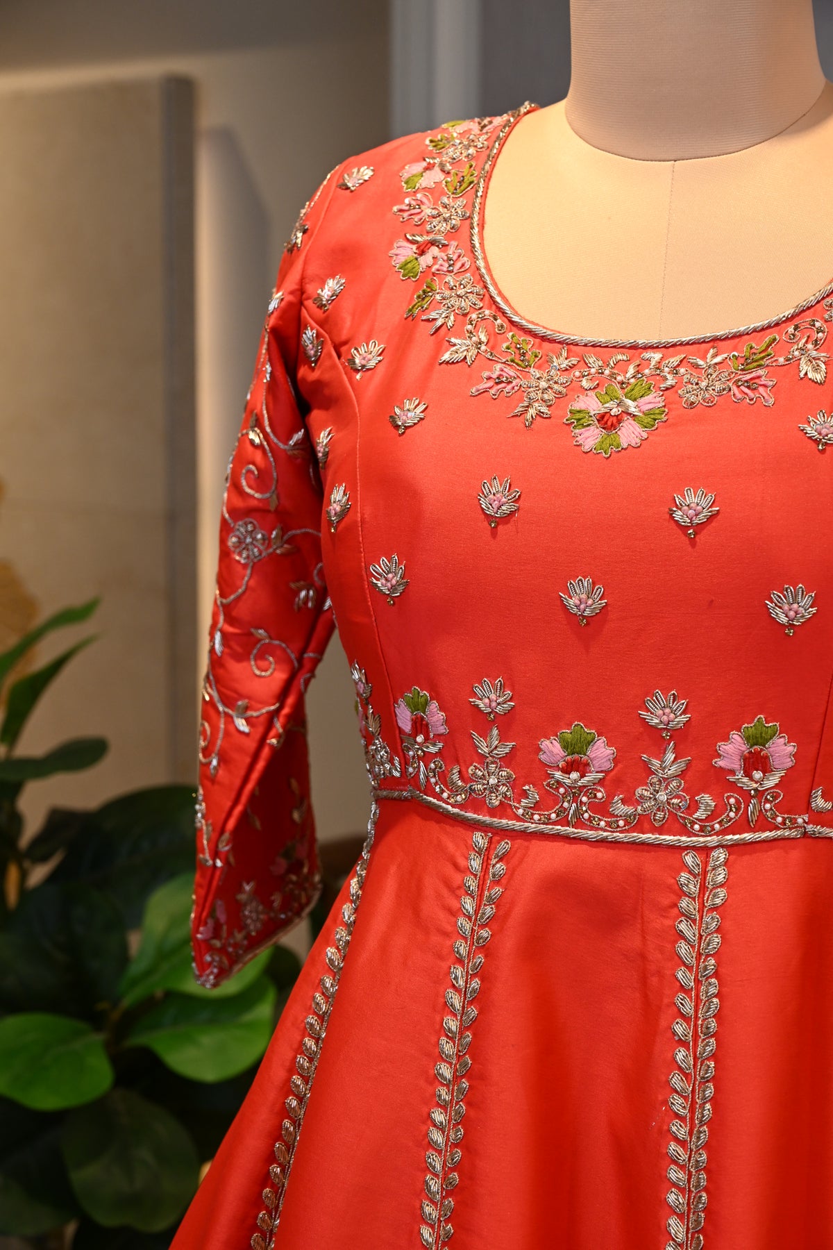 Orange Embroidered Anarkali Lehenga Set with Heavy Jaal Dupatta
