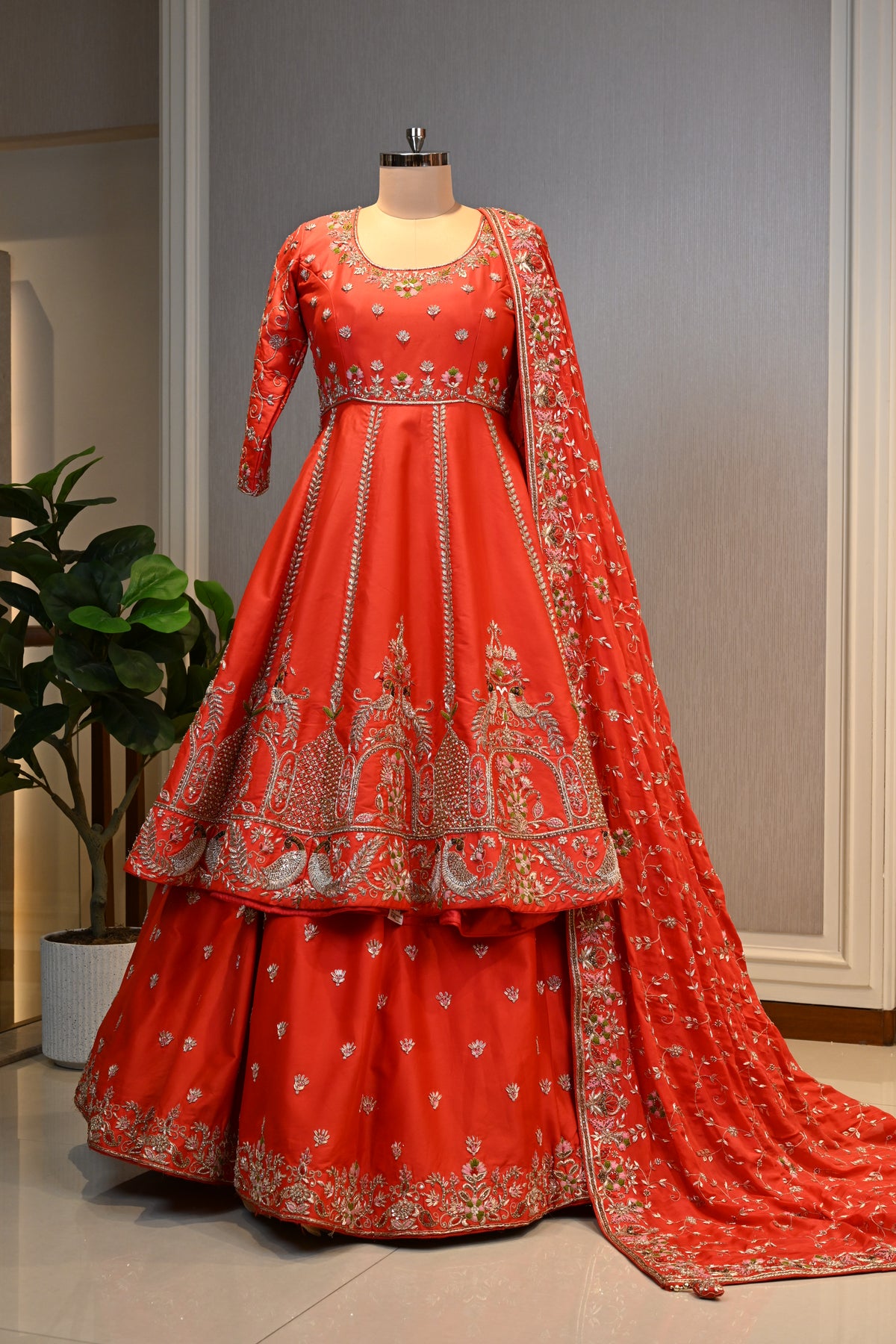 Orange Embroidered Anarkali Lehenga Set with Heavy Jaal Dupatta