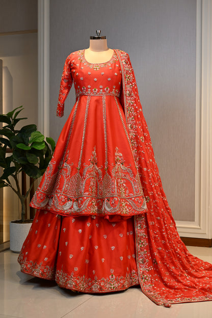 Orange Embroidered Anarkali Lehenga Set with Heavy Jaal Dupatta