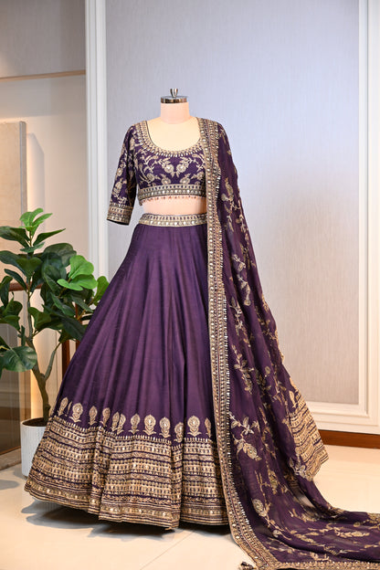 Plum Purple Hand Embroidered Lehenga Set