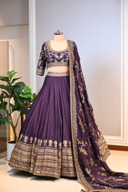 Plum Purple Hand Embroidered Lehenga Set