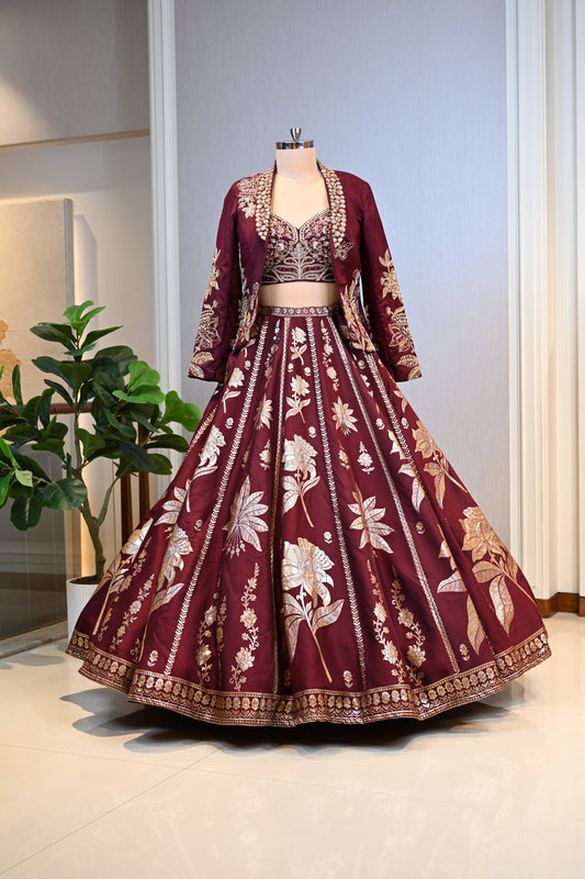 Royal Maroon Lehenga Ensemble with Intricate Floral Embroidery