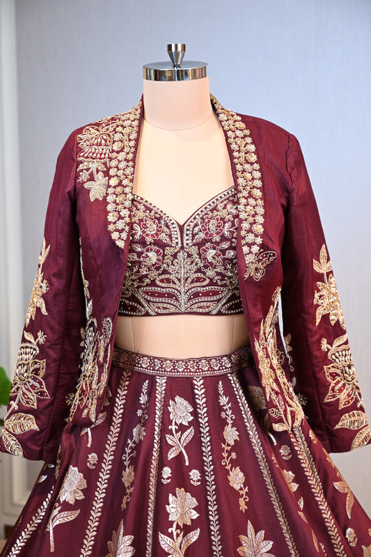 Royal Maroon Lehenga Ensemble with Intricate Floral Embroidery