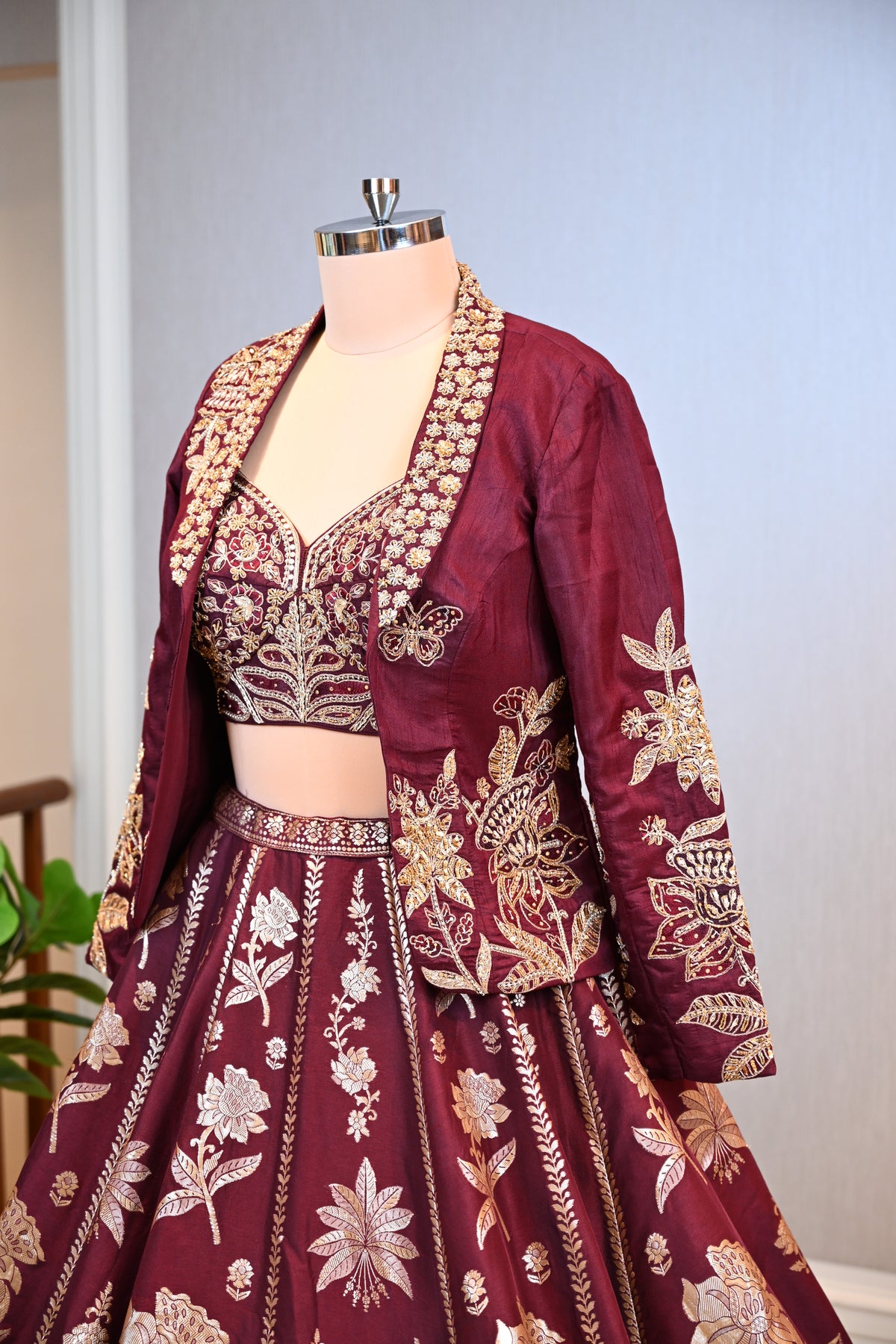 Royal Maroon Lehenga Ensemble with Intricate Floral Embroidery