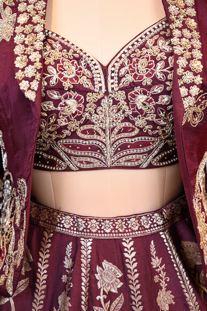 Royal Maroon Lehenga Ensemble with Intricate Floral Embroidery