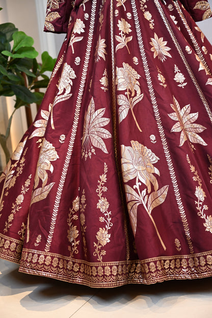 Royal Maroon Lehenga Ensemble with Intricate Floral Embroidery