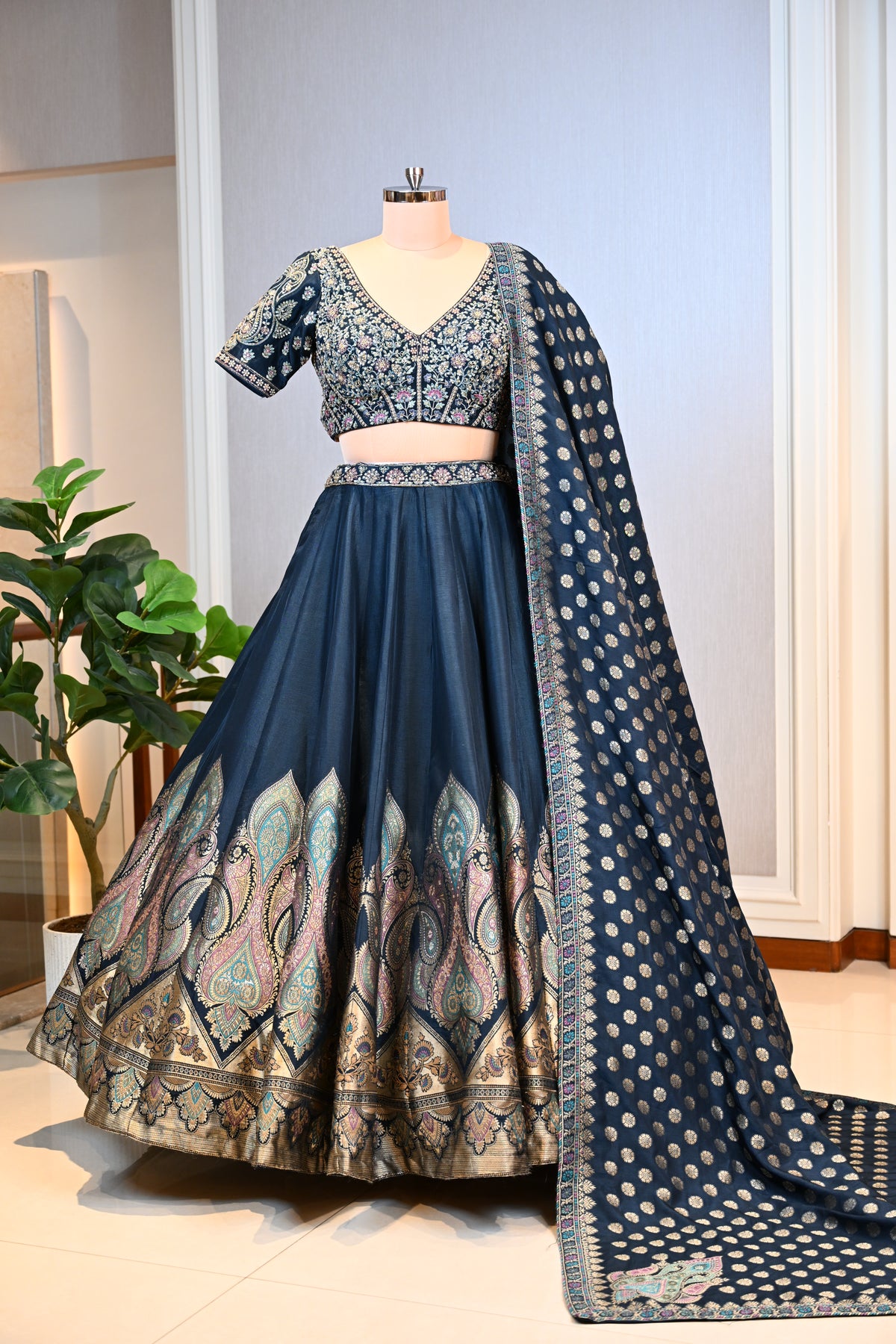 Midnight Blue Banarasi Silk Lehenga Set with Self Weaving Paisley Border & Dupatta