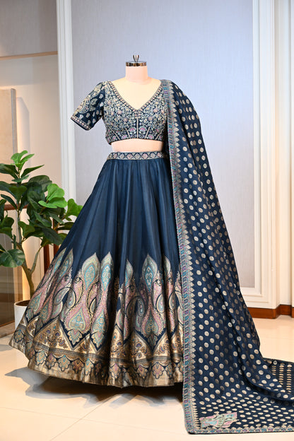 Midnight Blue Banarasi Silk Lehenga Set with Self Weaving Paisley Border & Dupatta