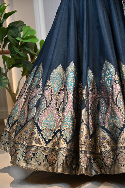 Midnight Blue Banarasi Silk Lehenga Set with Self Weaving Paisley Border & Dupatta