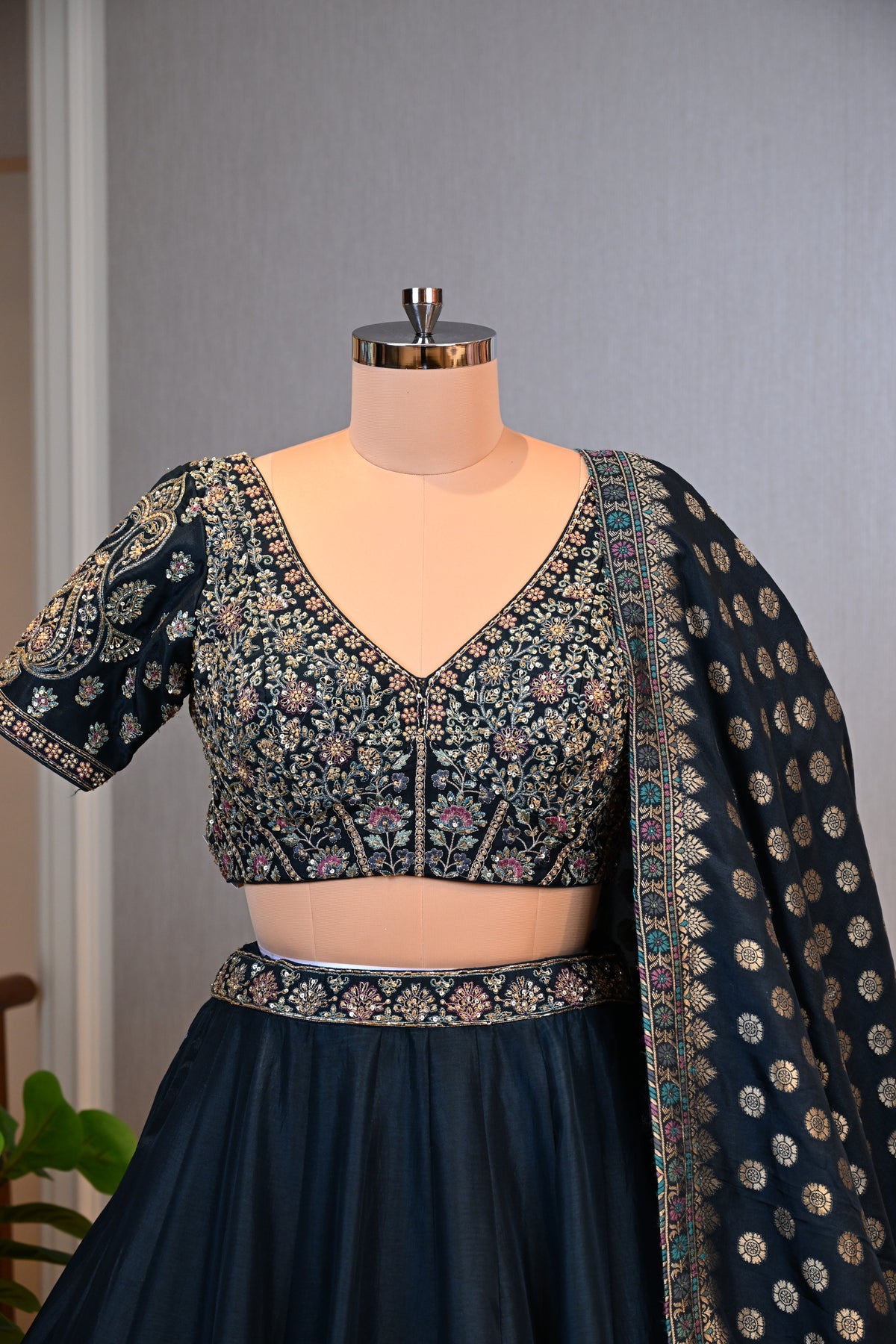 Midnight Blue Banarasi Silk Lehenga Set with Self Weaving Paisley Border & Dupatta