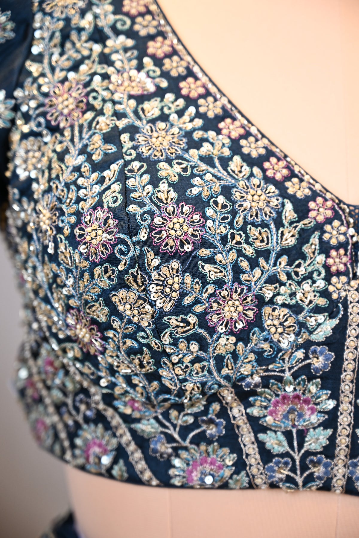 Midnight Blue Banarasi Silk Lehenga Set with Self Weaving Paisley Border & Dupatta