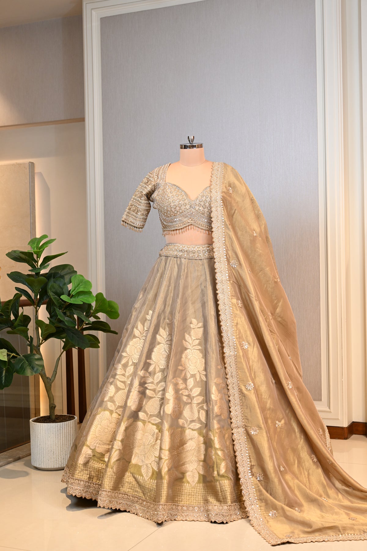 Champagne Gold Banarasi Embroidered Lehenga Set