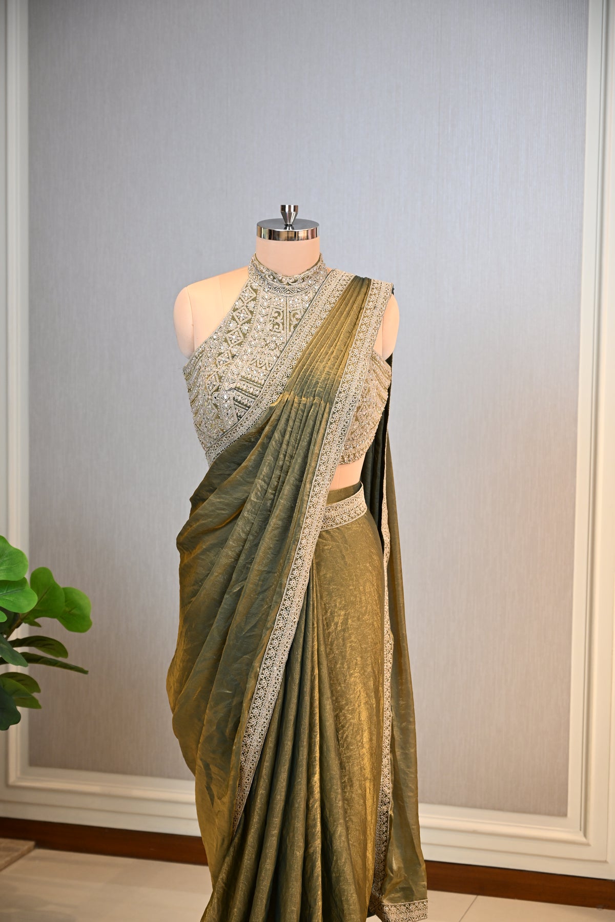 Olive Green Shimmer Tissue Saree with Dori, Pearl & Mirror Embellishments