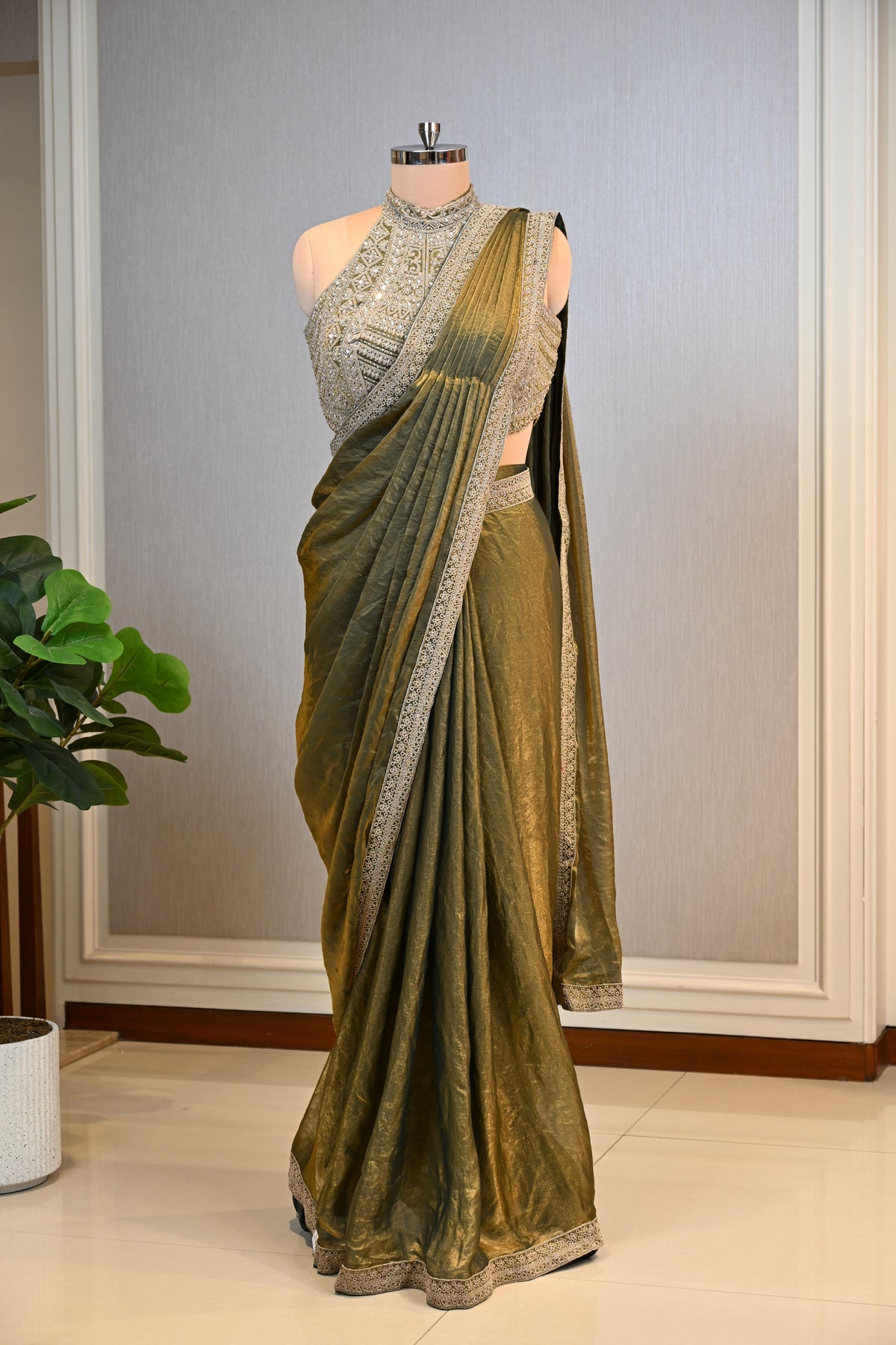 Olive Green Shimmer Tissue Saree with Dori, Pearl & Mirror Embellishments