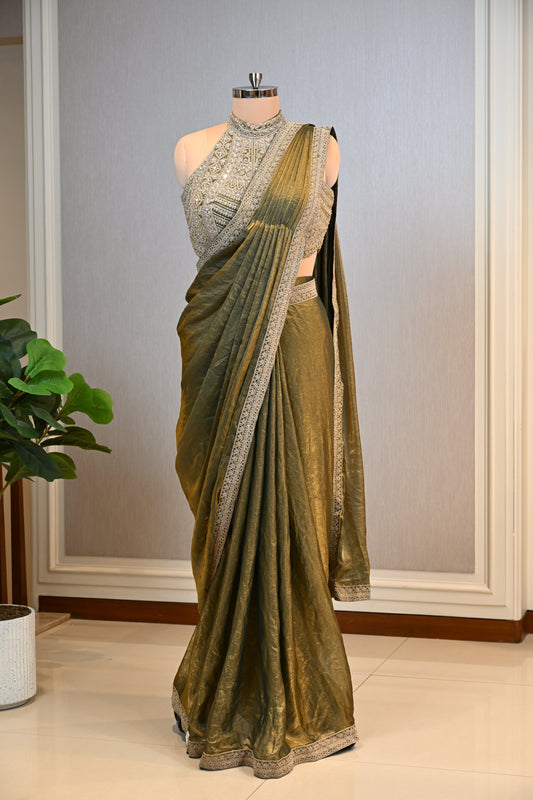 Olive Green Shimmer Tissue Saree with Dori, Pearl & Mirror Embellishments