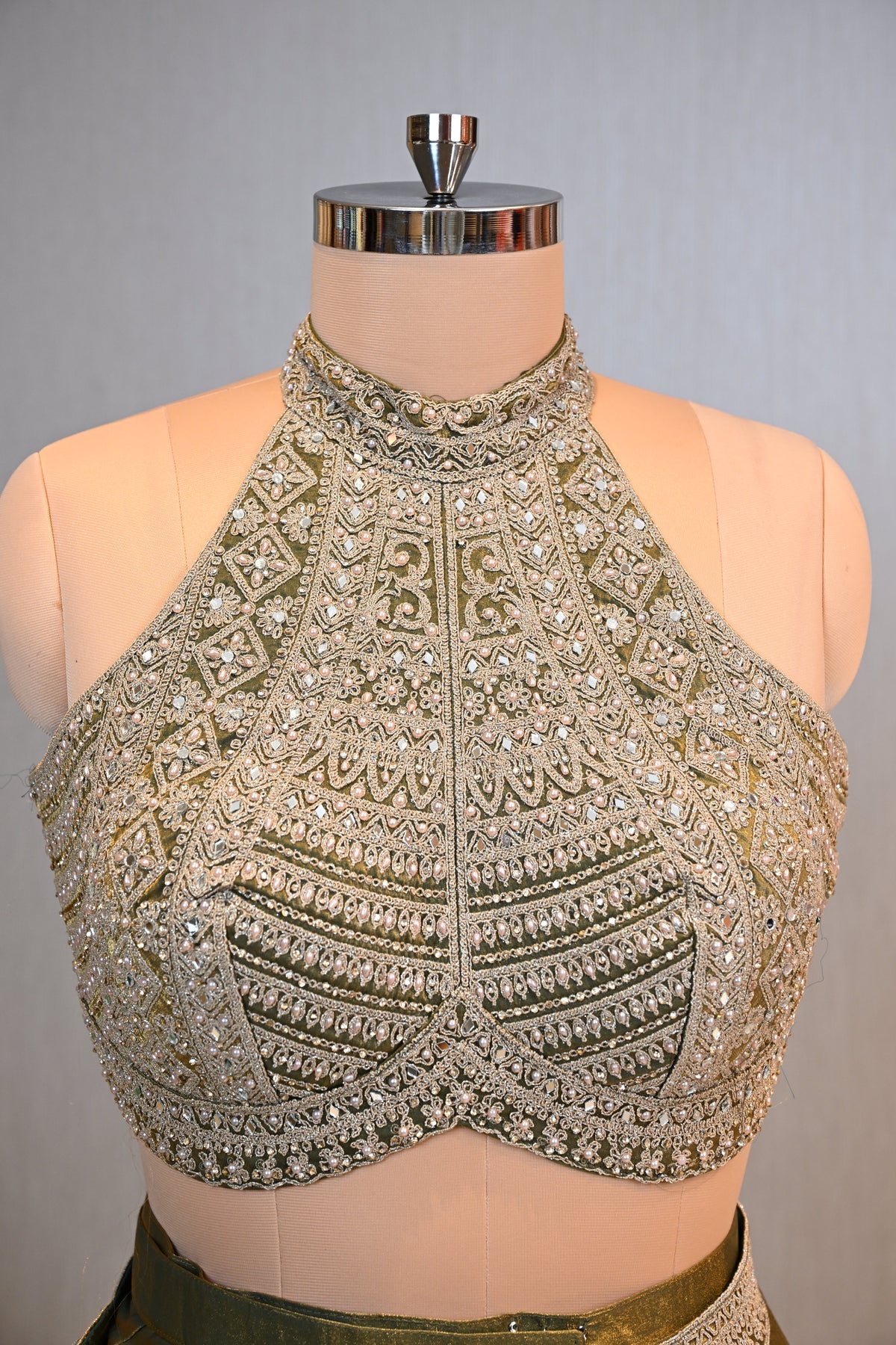 Olive Green Shimmer Tissue Saree with Dori, Pearl & Mirror Embellishments