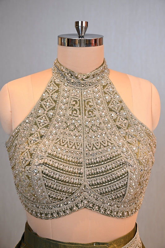 Olive Green Shimmer Tissue Saree with Dori, Pearl & Mirror Embellishments