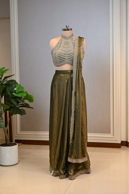 Olive Green Shimmer Tissue Saree with Dori, Pearl & Mirror Embellishments