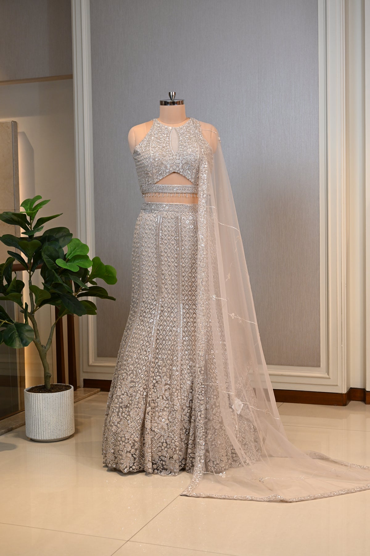 Embellished Fish-Cut Net Ensemble with Cut-Out Blouse