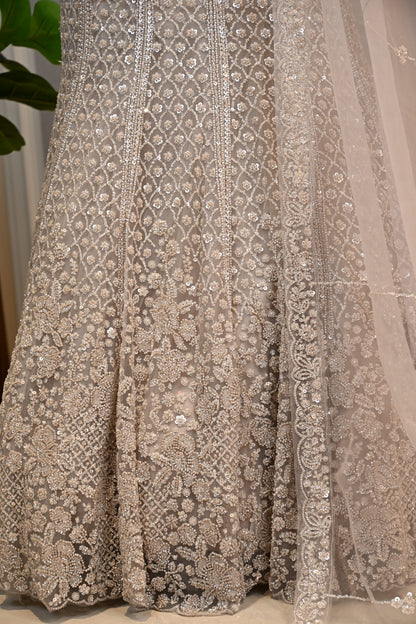 Embellished Fish-Cut Net Ensemble with Cut-Out Blouse